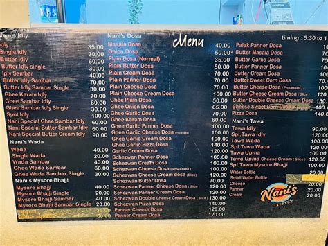 Menu At Nani S Tiffins Hyderabad Urban Junction