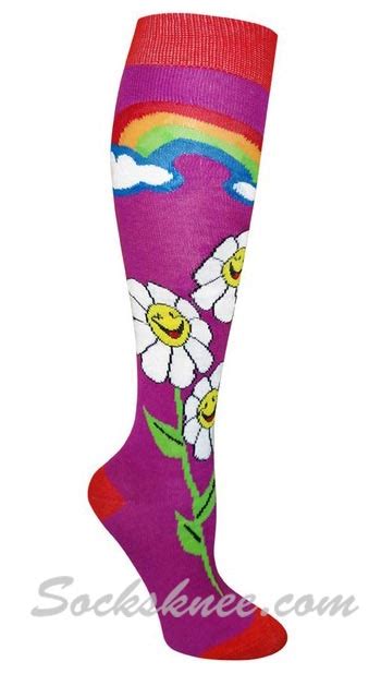 Rainbow And Flower Purple Women Knee High Fashion Socks Rainbow And Flower