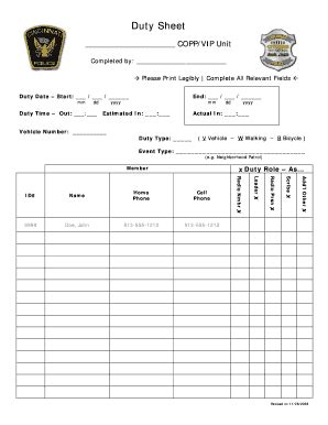 Duty Sheet - Fill Online, Printable, Fillable, Blank | pdfFiller