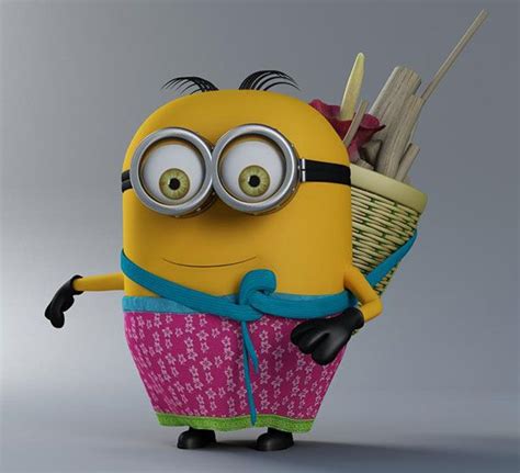 A Cartoon Minion Holding A Basket Full Of Food And Utensils In Its Hands