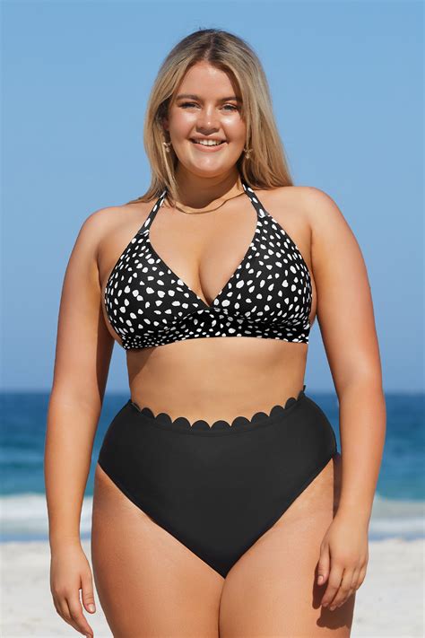 Escaping Dots Halter Tri High Waist Plus Size Bikini Set