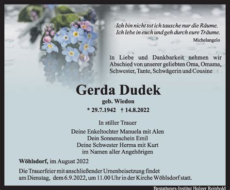 Traueranzeigen Von Gerda Dudek Trauer In Thueringen De