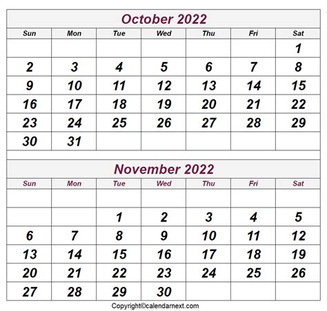 October And November 2022 Calendar Calendar Options October And