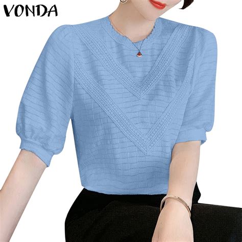 VONDA Women Korean Casual Round Neck Patchwork Lace Puff Sleeve H Ine