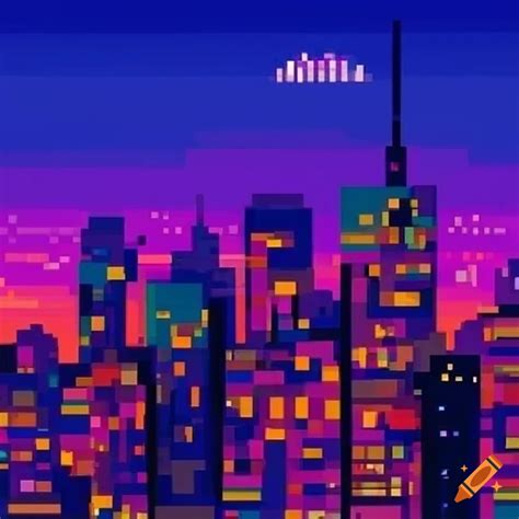 Vibrant Pixel Art Cityscape At Sunset On Craiyon