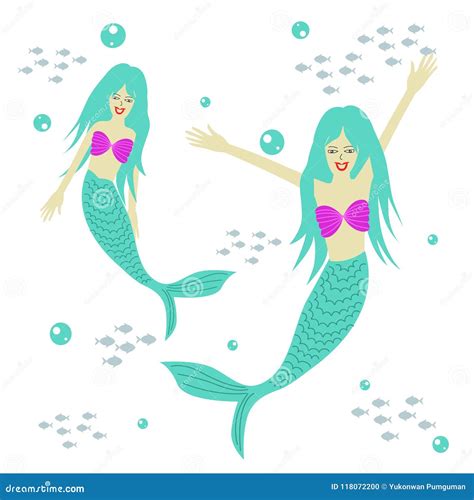 Twin Cute Mermaid Cartoon Vector Illustration, Fantasy Sea Theme Stock Vector - Illustration of ...