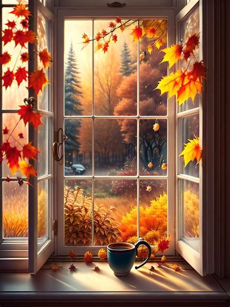 An Open Window With Autumn Leaves On The Windowsill And A Cup In Front