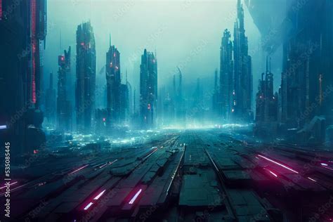 Night city street, sci-fi cyberpunk cityscape. Stock Illustration | Adobe Stock