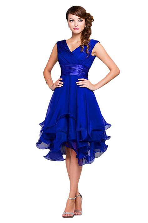 A Line Princess V Neck Short Royal Blue Chiffon Prom Bridesmaid Party Dresses Ed010372