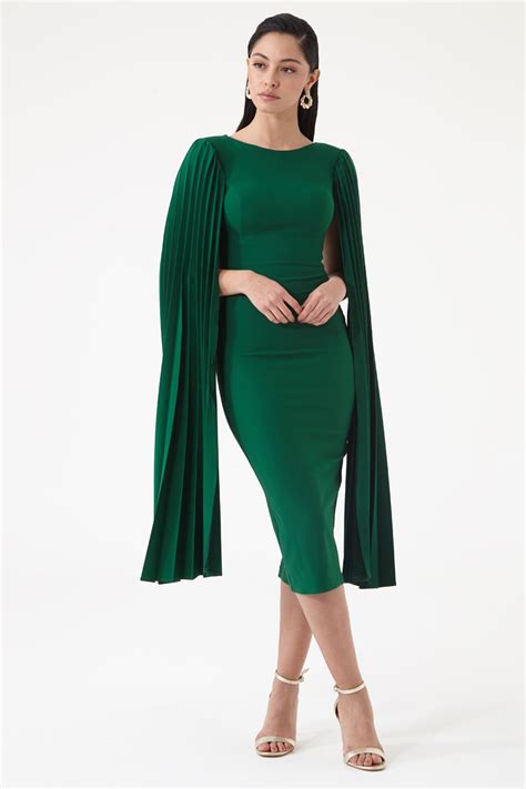 Green Crepe Long Sleeve Midi Dress All Fervente