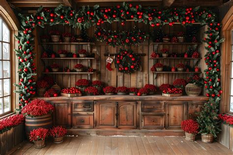 Christmas Rustic Cabin Red Berries Backdrop RR8-258 – Dbackdrop