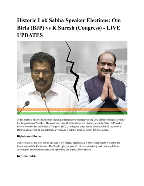 Ppt Lok Sabha Speaker Elections Om Birla Of Bjp Vs K Suresh Of