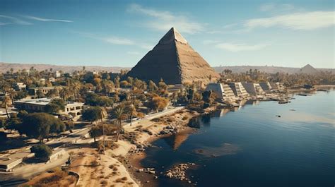 Egyptian Pyramids And City On The Nile River Aerial View From Above Premium Ai Generated Image