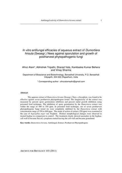 PDF In Vitro Antifungal Efficacies Of Aqueous Extract Of Dumortiera