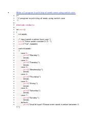 Write A C Program To Print Day Of Week Name Using Switch Case Docx