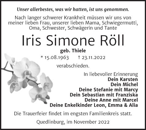 Traueranzeigen Von Iris Simone R Ll Abschied Nehmen De