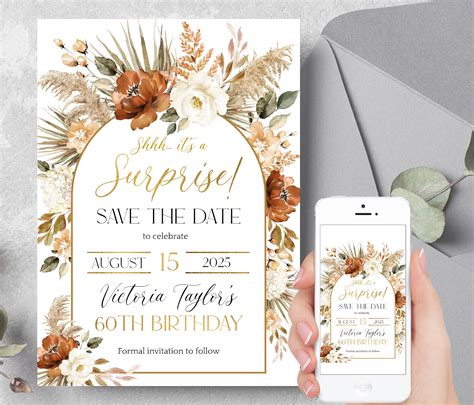 Surprise Birthday Party Save the Date Invitation for Women, Boho Floral