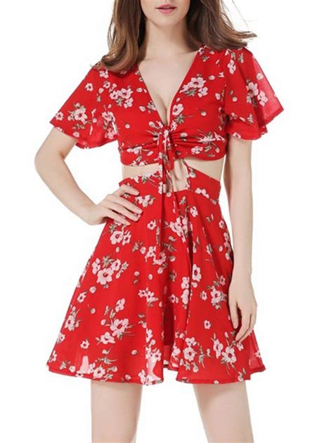 Sexy Deep V Neck Cutout Floral Printed Skater Dress Ebuytide Fashion Skater Dresses Formal