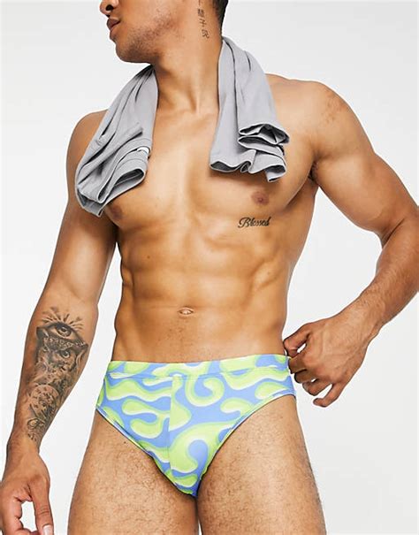 Asos Design Swim Briefs In Wavy Print Asos