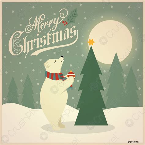 Beautiful Flat Design Retro Christmas Card With Polar Bear That Stock