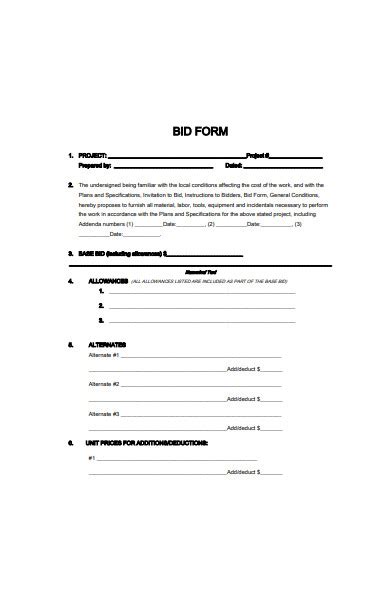 Free 52 Bid Forms In Pdf Ms Word Xls