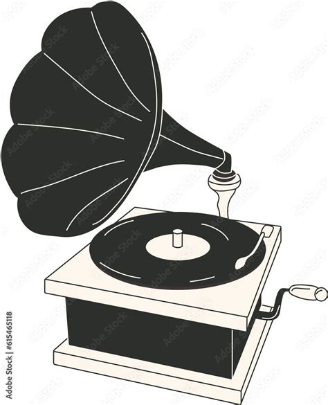 Black And White Cartoon Retro Gramophone Record Player Drawing Cute