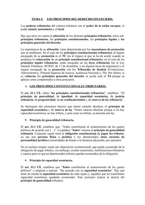 Tema 4 Derecho Tributario Principios Del Derecho Financiero Tema