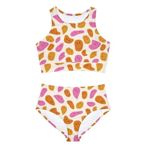 Sporty Bikini Set Melting Smiley Faces Groovy Swimwear Trippy Two Piece Women S Y2K Bathing Suit
