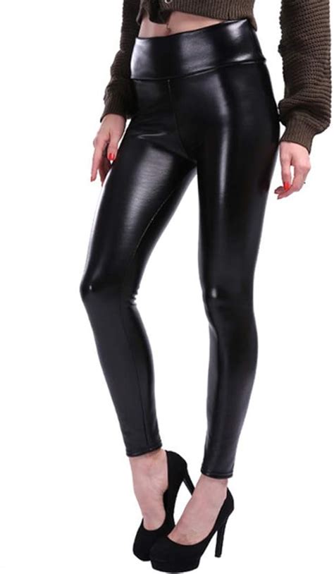 Sdawa Donna Ecopelle A Vita Alta Leggingsdonna Leggings Pelle Nero