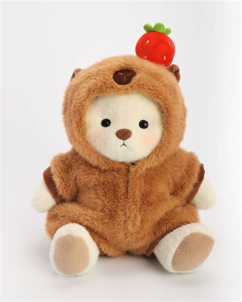 Getahug Strawberry Brown Capybara White Teddy Bear | Handmade Stuffed