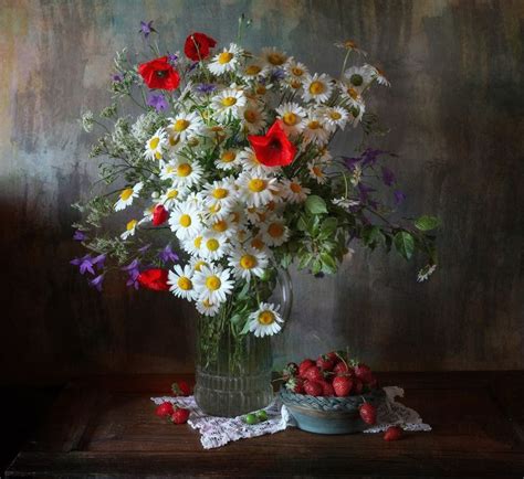 Still Life With Daisies And Strawberries By Natalia Kalugina Px