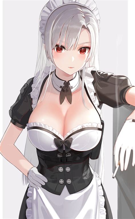 Kfr Red Eyes Cleavage Anime Anime Girls Digital Art Artwork 2d Portrait Display Silver