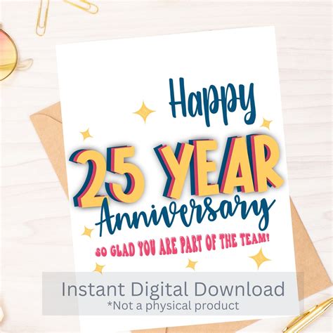 Happy 25 Year Anniversary Work Anniversary Card Instant Download PDF ...