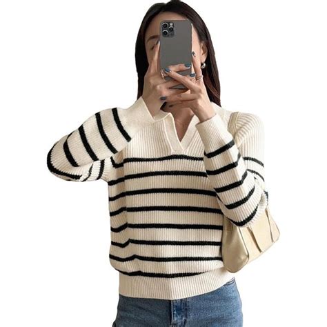 Cozyease Women S Striped Print Rib Knit Long Sleeve Sweater V Neck Top