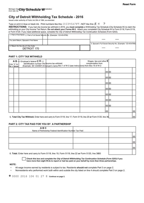 Fillable Form 5121 City Of Detroit Withholding Tax Schedule 2016