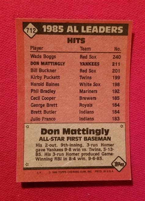 Topps Don Mattingly New York Yankees Kostenloser Versand Ebay