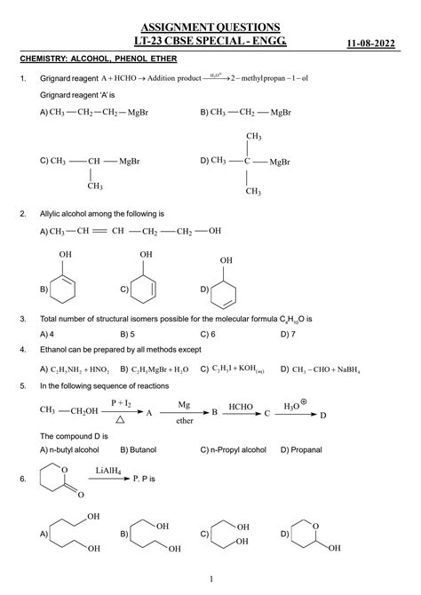 SOLUTION Class 12 Chemistry Chapter Wise Important Questions Alcohol