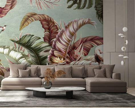 Wall Murals Tropical Design With Exotic Leaves And Flowers With