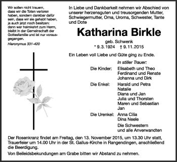 Traueranzeigen von Katharina Birkle Schwarzwälder Bote Trauer