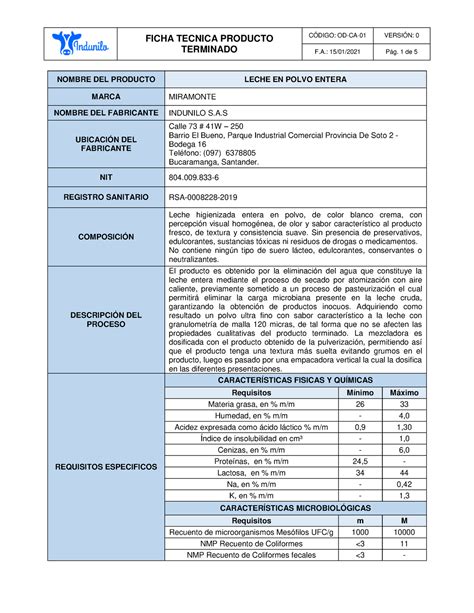 Od Ca F T Leche En Polvo Entera Miramonte Ficha Tecnica Producto