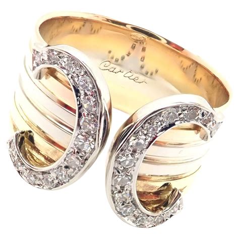 Cartier Double C Diamond Tri Color Gold Band Ring At 1stDibs Cartier