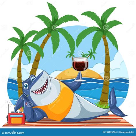 Shark Cartoon Character Relaxing on the Beach Stock Vector ...