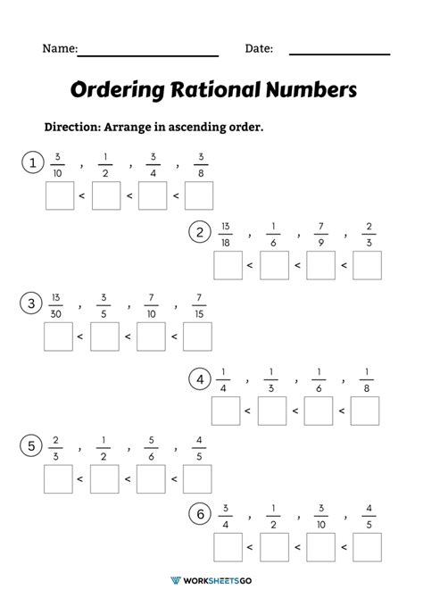 Ordering Rational Numbers Worksheets