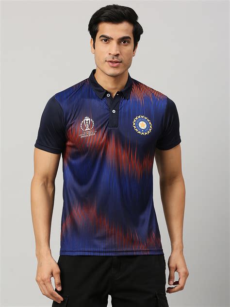 Buy Official ICC CWC 23 Men Navy Blue Printed Short Sleeves Polo Collar