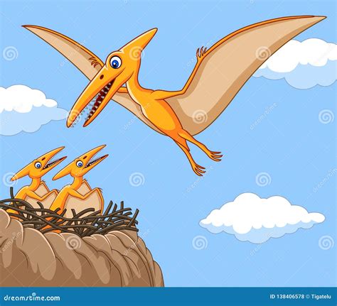 Cartoon Pterodactyl with Her Baby Stock Vector - Illustration of ...