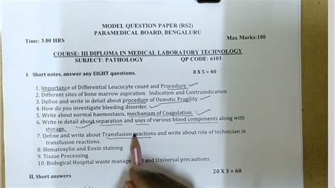 Pathology Ll Dmlt 3 Year Ii Model Question Paper Ll Paramedical Board