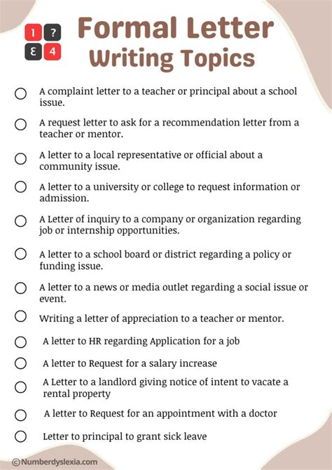 List Of 40 Formal Letter Writing Topics PDF Included Number Dyslexia