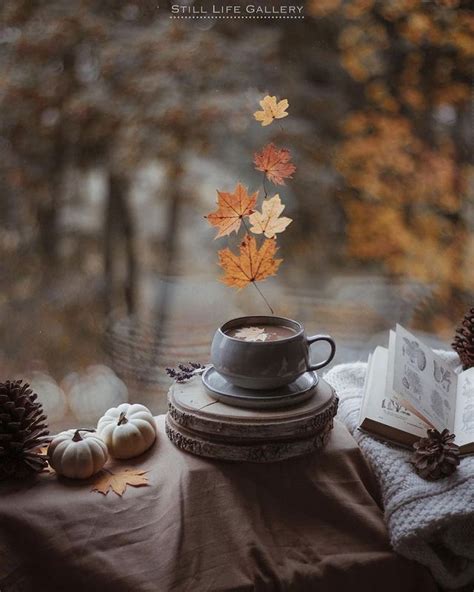 A Cup Of Coffee And Some Books On A Table With Autumn Leaves In The