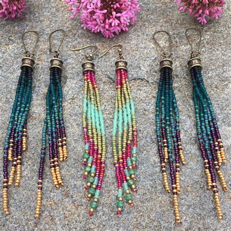 Seed Bead Earrings Long Bohemian Beaded Earrings Fringe Etsy Beaded