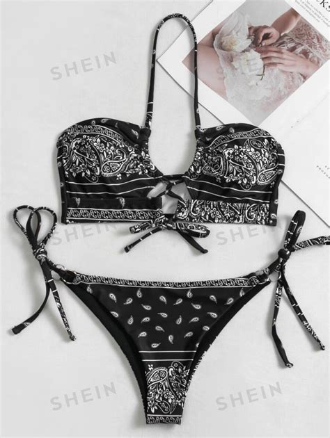 SHEIN Swim Summer Beach Paisley Print Bikini Set Halter Bra Thong